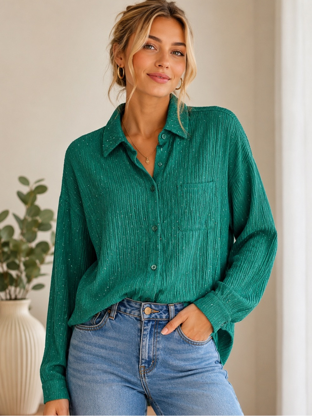 Love Poem Emerald Green Textured Button-Up Shirt Size L
